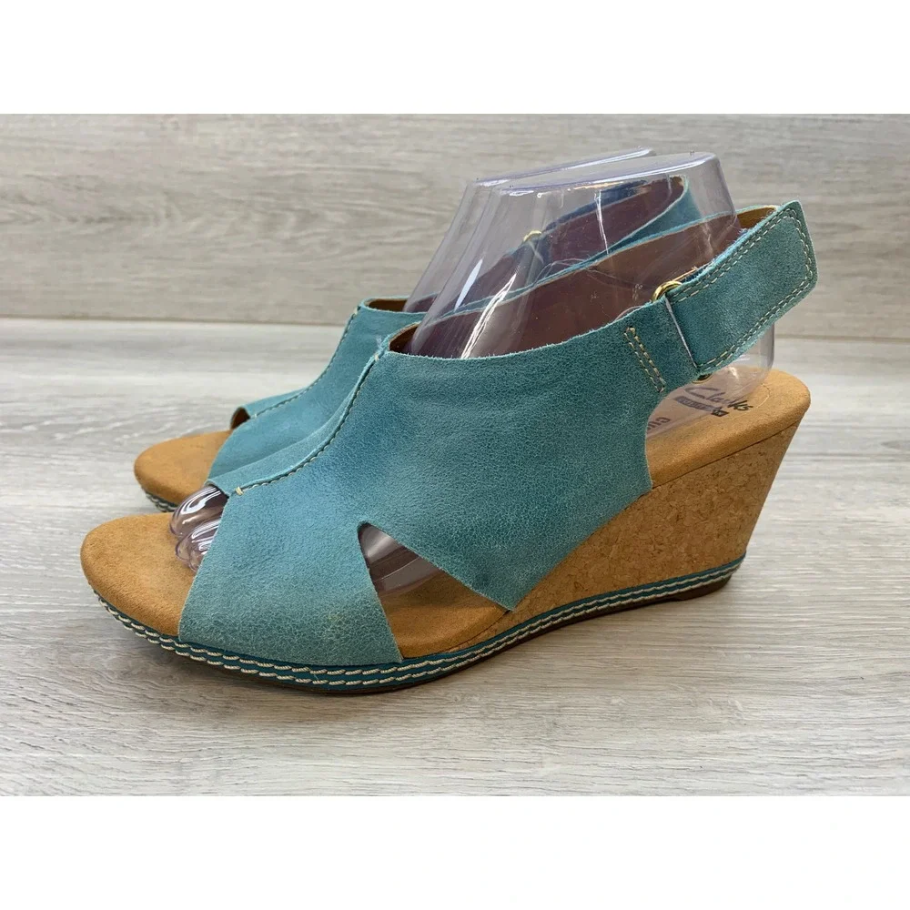 Clarks Women's Teal Blue Suede Cork Wedge Sandals 9 Casual Comfort Shoes